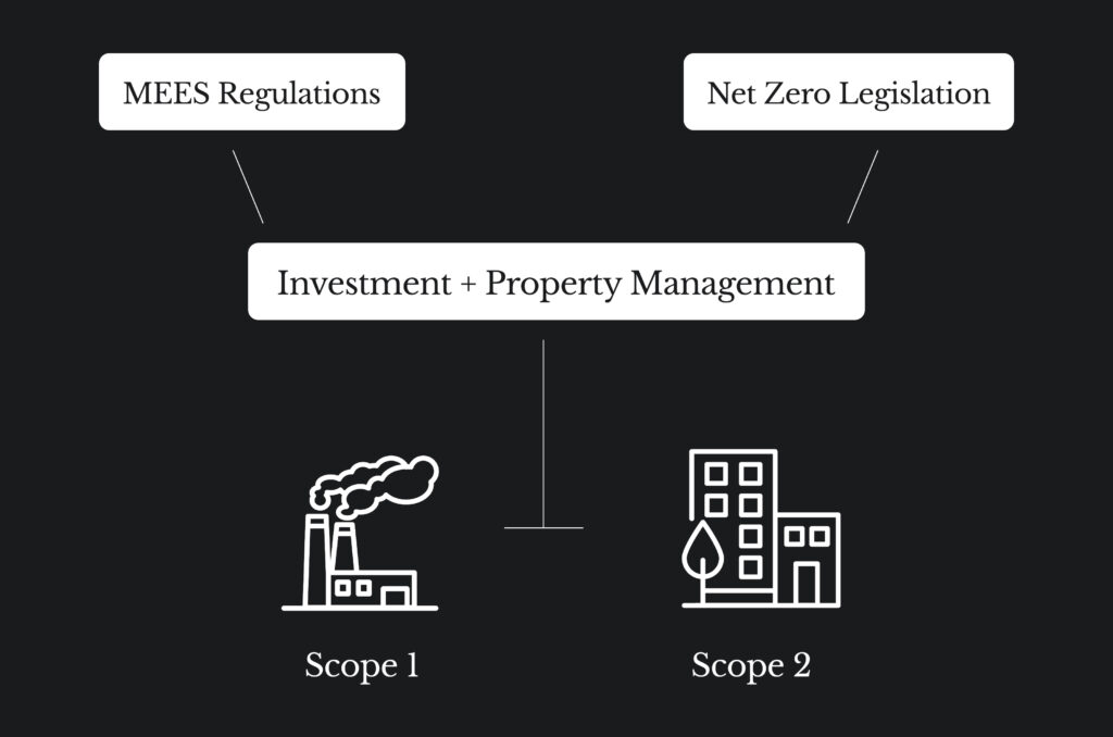 Infographic showing how MEES Regulations and Net Zero Legislation influence investment and property management